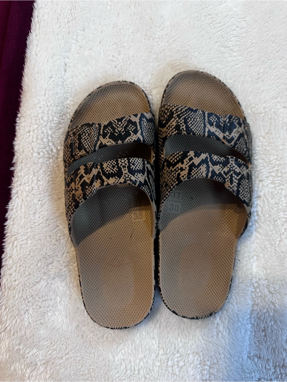 Women’s Snake-Print Slide Sandals in Brown and Black